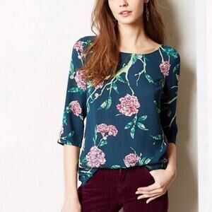HD In Paris Anthropologie Green Eira Floral‎ Blouse Size 0
